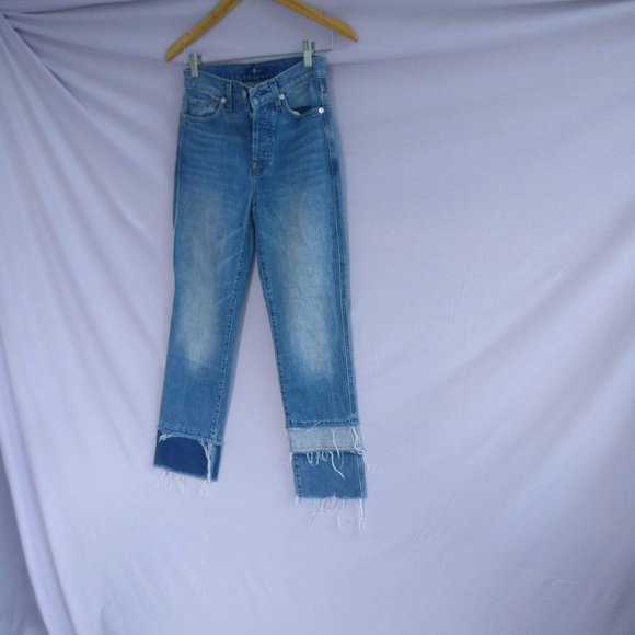7fam Highrise Patchwork Raw hem Blue Jean 24w +MEASUREMENTS  Material: 98%Cotton - Picture 5 of 10